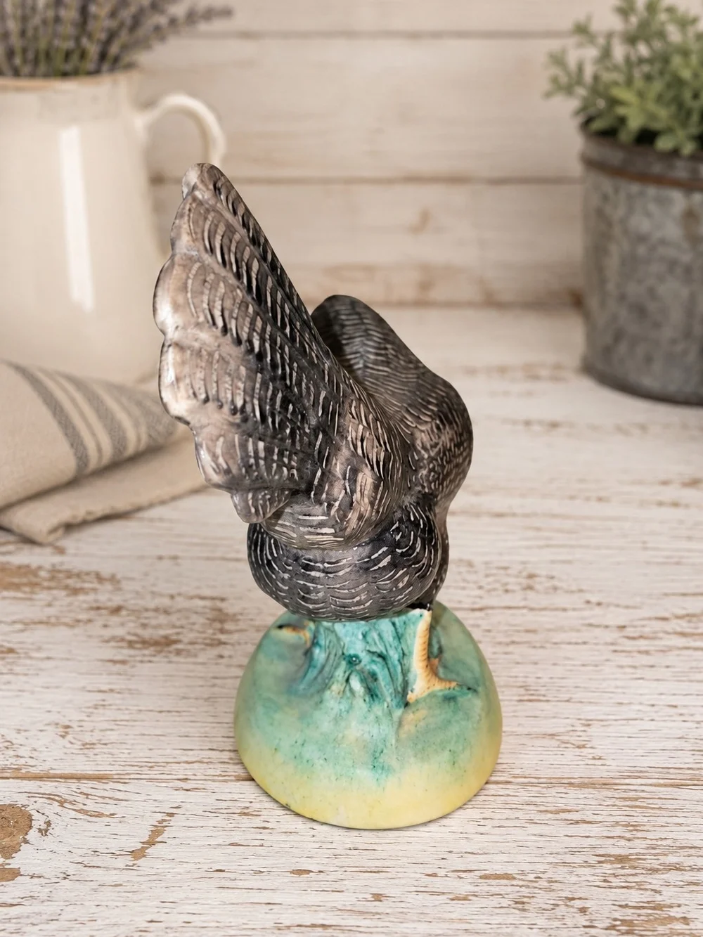 Hand-painted ceramic Scots Grey chicken figurine, designed by Quail Ceramics.